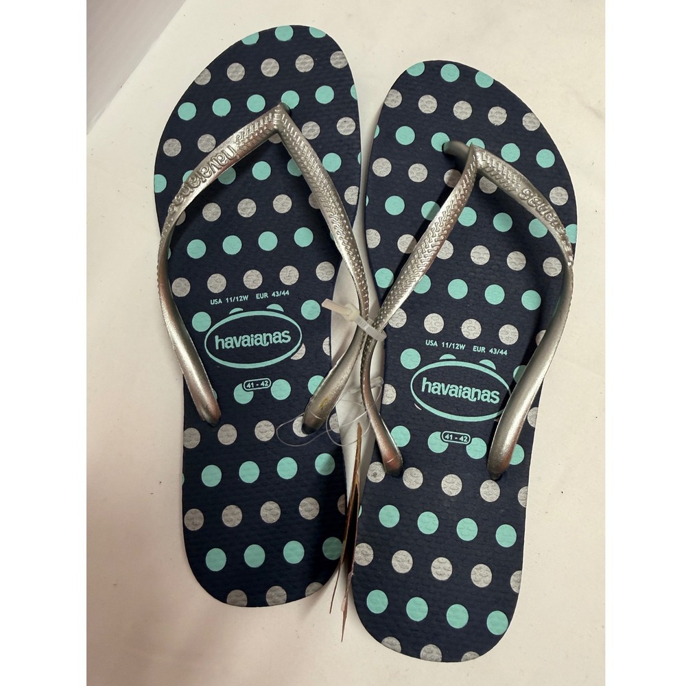 Havaianas 41/42 Slim Polka Dot Flip Flops Navy Blue Silver 11/12 women's new - Picture 1 of 5